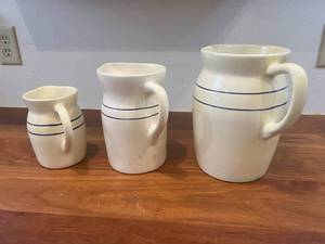 3 Antique Blue Stripe Stoneware Crock Belly Style Milk Or Water Pitcher Jug Set - Please Note The Spouts