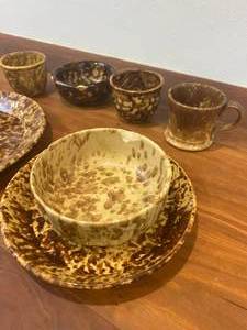 WOW Beautiful Antique Variety Of Dishes&nbspBennington Vermont Yellow Ware &amp Brown&nbsp Splatter Spongeware Stoneware Pottery - Most Pieces Are Not Chipped