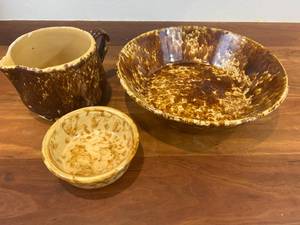 WOW Beautiful Antique Variety Of Dishes&nbspBennington Vermont Yellow Ware &amp Brown&nbsp Splatter Spongeware Stoneware Pottery - Measurements To Come