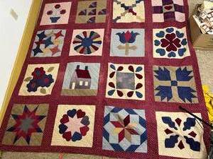 Fabulous Detailed Work On This Vintage Extra Large Amish Style Handmade Quilt With Geometric Check Patterns With Flowers Etc Within The Squares