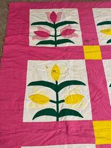 Lovely Swedish Style Pink &amp Colorful Tulips Patterned Vintage Handmade Extra Large Quilt