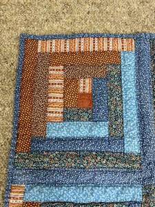 Vintage Handmade Geometric Square Patterned Baby Quilt - Has Large Blue Ink Spill