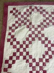 Fantastic Antique Extra Large Amish Handmade&nbspGeometric Red White Check Diamond Patterned Quilt With Red Border