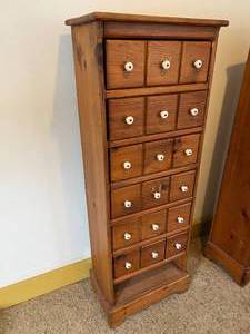 Vintage&nbspTall Chest Of Drawers With An Apothecary Vibe - Each Drawer Has 3 Pulls - Great In A Closet Or To Sort Keepsakes, Craft Supplies Etc...Missing Bottom Drawer