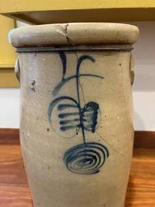 WOWOW Hard To Find&nbsp Antique (late 19th century) 4 Gallon Red Wing Stoneware Butter Churn With Salt Glaze On The Outside - Bold Cobalt Rib Cage Decoration On The Front