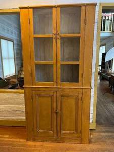 Large &amp Beautifully Primitive Antique Wood Glass China Cabinet - Mustard Colored - Color Matches The Coffee Table Listed Lot 97 - Look At Those Pulls