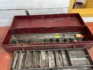 Antique Fishing Tackle Tool Box With Antique Weights &amp Lures