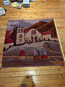 Splendid Vintage Hand Woven Artistic Pueblo Or Spanish Village Town Tapestry Art