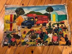Beautifully Vibrant Vintage Jamaican Farmers Market Oil Painting On Canvas Removed From Frame For Suitcase Transport