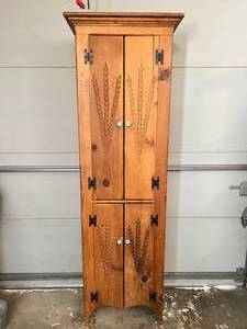 WOWOW Rare High Quality FurnitureCabinet Makers Habersham Plantation Antique Handcrafted Mission Style Spice, Herbs, Jelly Tall Wood Cabinet With Beautiful Carved Wheat Accents &amp White Knobs -&nbsp77 high, 25 wide, and 14 deep