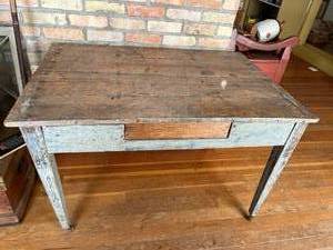Antique Primitive Wood Table On Casters With Extra Long Drawer