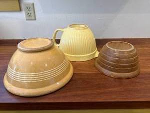 2 Antique Primitive Stoneware Pottery Mixing Bowls - 1 Is A&nbspMonmouth Stoneware Pottery Beehive Ribbed Mixing Bowl WMaple Leaf&nbsp&amp 1 Vintage Mixing Bowl With Spout&nbsp