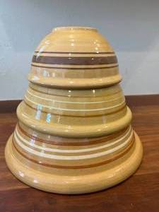 Antique Primitive Stoneware Pottery Mixing Bowl Set With Brown &amp White Stripe 3 Graduated Sizes With 12 Largest Bowls Diameter
