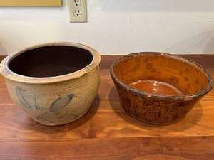 WOW&nbsp19th. c Antique Pennsylvania Redware Pottery Tub Shaped Bowl Primitive With Rare Orange &amp Brown Tortoise Shell Coloring Plus&nbspANTIQUE BLUE DECORATED STONEWARE 9 WIDE CROCK PLANTER