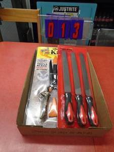 lot 13 image: Flat of 3 new files with handles & poultry shears. As shown.