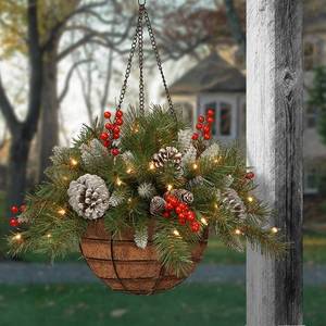 National Tree Company Pre-Lit Christmas Hanging Basket wWhite LED Lights, Pine Cones & Berry Clusters, 20