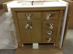 lot 5 image: Bellington 36 in. W Bath Vanity in Almond Toffee with Engineered Stone Vanity Top in White with White Basin by Home Decorators Collection Customer Returns See Pictures