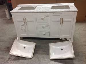 lot 9 image: Sturgess 61 in. W x 22 in. D Bath Vanity in White with Marble Vanity Top in Carrara White with White Basins by Home Decorators Collection Customer Returns See Pictures