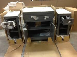 lot 12 image: Mornington 54 in. W x 21 in. D Single Bath Vanity in Grey with Marble Vanity Top in White with White Sink by Home Decorators Collection Customer Returns see Pictures