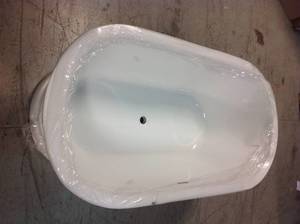 lot 26 image: Brick 59 in. Acrylic FlatBottom Double Ended Bathtub with Oil Rubbed Bronze Overflow and Drain Included in White by WOODBRIDGE Customer Returns See Pictures