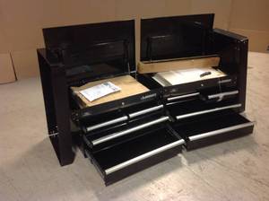 lot 32 image: Lot of 2 Assorted 33 in. W 4-Drawer Mechanics Tool Utility Cart in Gloss Black by Husky One unit missing parts Customer Returns See Pictures