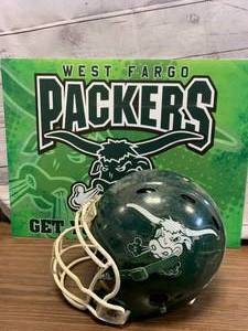 lot 45 image: Vintage West Fargo Packers #40 Football Helmet & Sign