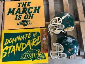 lot 59 image: Vintage West Fargo Packers Football Helmets, Bison Signs, Bottle Opener