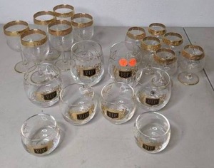 lot 567 image: Lot of 12 Vintage Bar Glasses with Gold Trim & 8 Vintage VIP Lowball Glasses - P