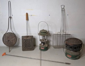 lot 556 image: Mixed Lot Antique Bed Warming Pans, Coleman Camping Supplies and More - P