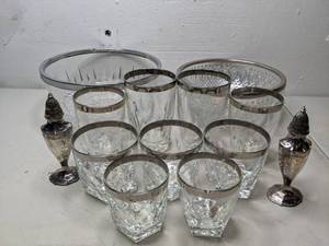 lot 584 image: 11 Piece Collection of Silver Plate Edged Glassware & Bowls, Plus Pair of Vintage Silver Plated LaFrance Salt & Pepper Shakers - P