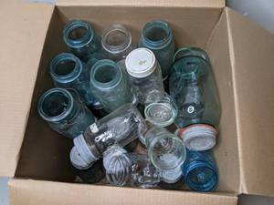 lot 590 image: Collection of Antique and Vintage Mason Jars, Glass Lids and More (Ball, Jewel, Crown) - P