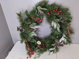 lot 182 image: National Tree Company 30-Inch Frosted Pine Berry Pre-Lit Artificial Christmas Wreath - N