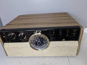 lot 128 image: Victrola 6-in-1 Wood Empire Mid-Century Modern Bluetooth Record Player, CD, Cassette Player & Radio - N