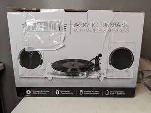 lot 91 image: Victrola Modern Acrylic 2-Speed Bluetooth Turntable with 40-Watt Wireless Speakers, Clear - N