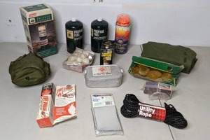 lot 361 image: Emergency Stockpile Air Force Crew Member First Aid Kit, Propane Fuel Tanks, Coleman Propane Lantern, & More - P