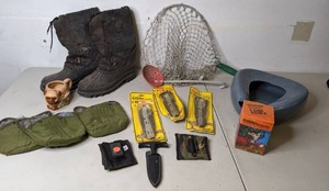 lot 394 image: Camping Assortment Trail Master Boots, (3) Precise Phoenix Chow Kits, Precise Phoenix Backpacker Camp Stove, Fishing Net, & More - P