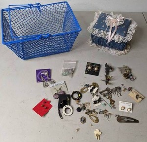 lot 383 image: Costume Jewlery, Wire Basket, & Blue Decorative Box - P