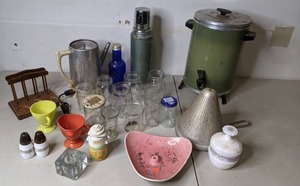 lot 397 image: Coffee Maker, Thermos, Salt and Pepper Shaker, Napkin Holder, Candle Holder, Glass jars, & More - P