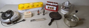 lot 395 image: Vintage Salton Yogurt Maker, Salt and Pepper Shaker, Small Tin Box, Spice Set, Juicer, & More - P