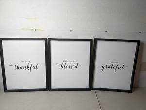 lot 250 image: Belle Maison Grateful, Thankful, Blessed 3-piece Black & White Wall Art Set - N