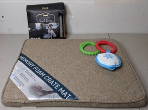 lot 274 image: Lot of Pet Supplies Crate Mat, Car Seat Cover, Dog Toys - N