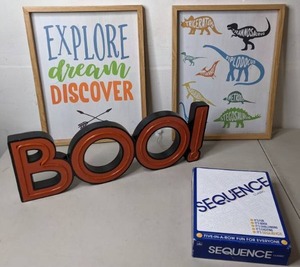 lot 278 image: Mixed Lot with Childs Room Wall Decor, Halloween Decor & Sequence Board Game - N