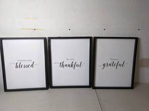lot 242 image: Belle Maison Grateful, Thankful, Blessed 3-piece Black & White Wall Art Set - N