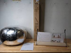 lot 296 image: Lot of NEW Home Goods Metallic Pouf, Wall Shelf and Wall Coat Hook - N