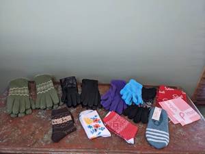 lot 331 image: Assortment of Colorful Gloves, Socks and Bandanas - W