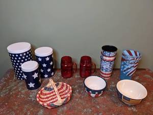 lot 334 image: Patriotic Glasses, Canisters, Bowls & Wicker Basket - W