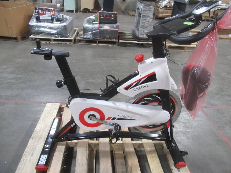 lot 216 image: CHAOKE Indoor Cycling Bike, Stationary Bike Magnetic Resistance Whisper Quiet for Home Cardio Workout Heavy Flywheel & Comfortable Seat Cushion with Digital Monitor (cable to bike cut) - Seat missing attachment bolt and seat is slightly bent.