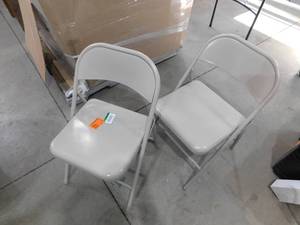 lot 113 image: (2) Beige Metal Stackable Folding Chair