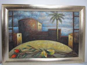 lot 45 image: Large Framed Signed Oil on Canvas Cityscape Painting