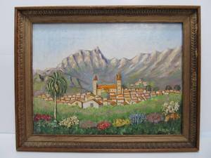 lot 59 image: Vintage Impressionist Oil on Canvas Mountain Village Landscape Painting Signed